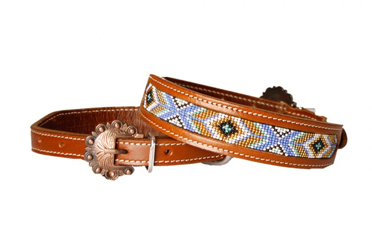 Showman Couture Genuine leather dog collar with periwinkle, mint, gold, and white beaded inlay DC-20