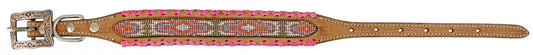 Showman Couture Genuine leather dog collar with beaded inlay - pink whipstitching DC-33