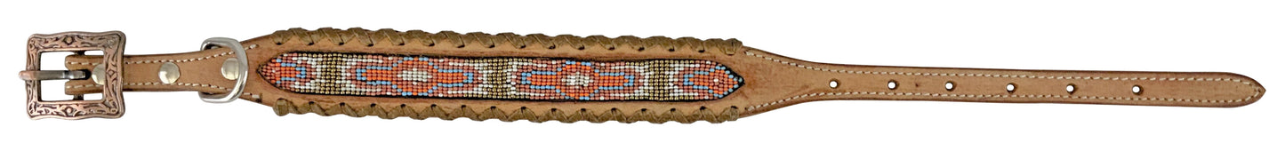 Showman Couture Genuine leather dog collar with beaded inlay - pink, white, and gold DC-34