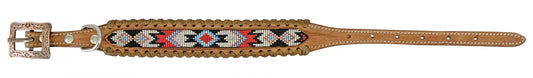 Showman Couture Genuine leather dog collar with beaded inlay - red, white, and black DC-35