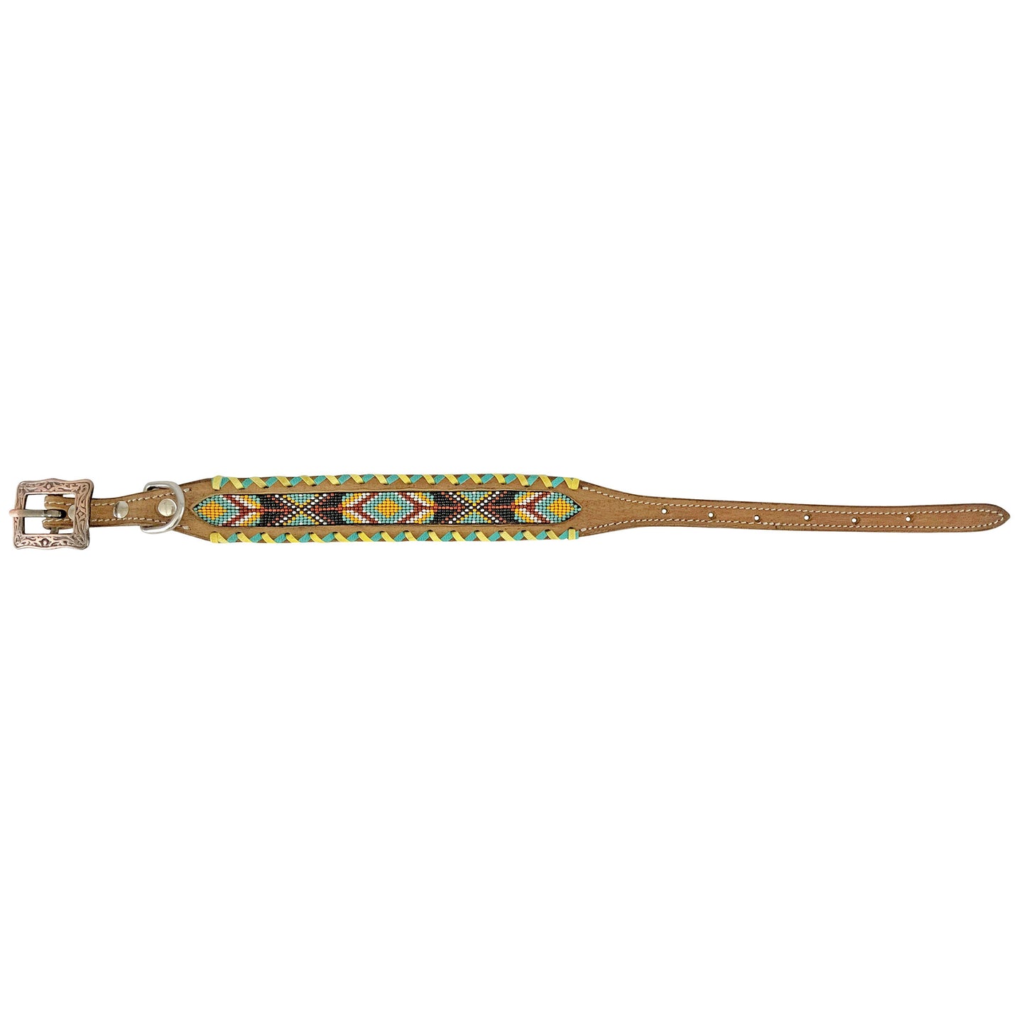 Showman Couture Genuine Leather Dog Collar with Beaded Inlay - Teal and Yellow DC-40