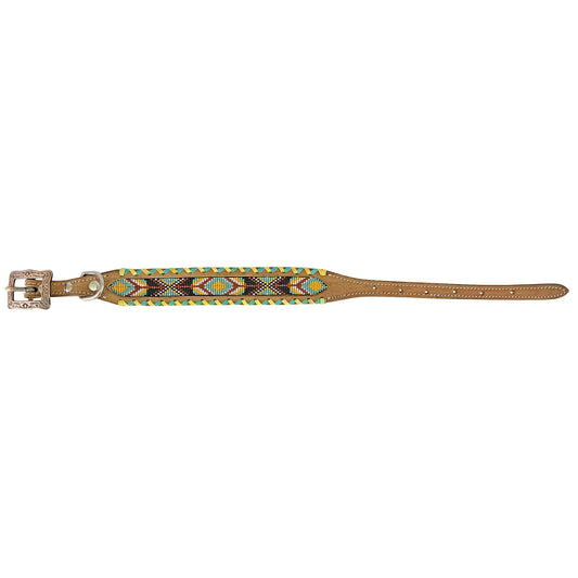Showman Couture Genuine Leather Dog Collar with Beaded Inlay - Teal and Yellow DC-40