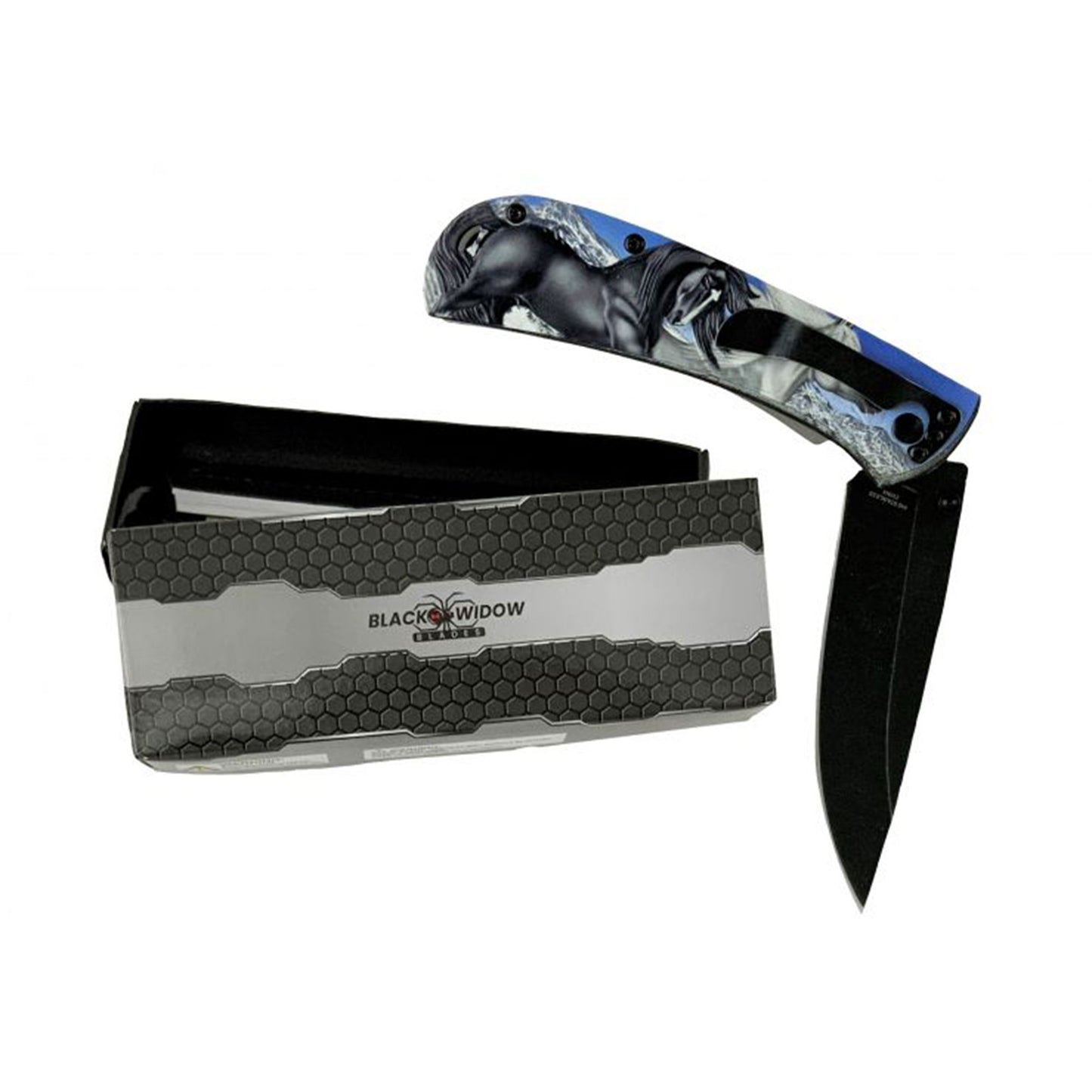 8" Horse Printed Tactical Knife with Clip - Blue PDF-9046-3