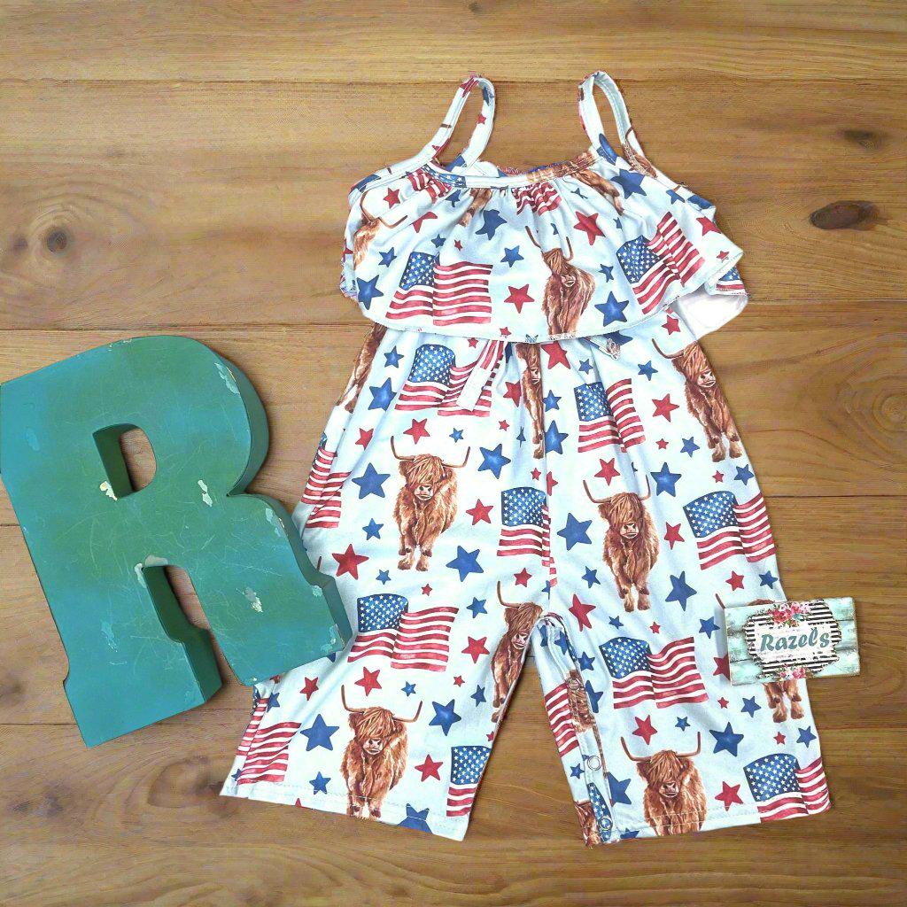 Highland Cow 4th of July Outfits for Kids โ Dress, Button Down Shirt & Romper | Western Matching Sibling Set | Patriotic Cowboy ClothesOf July Kids