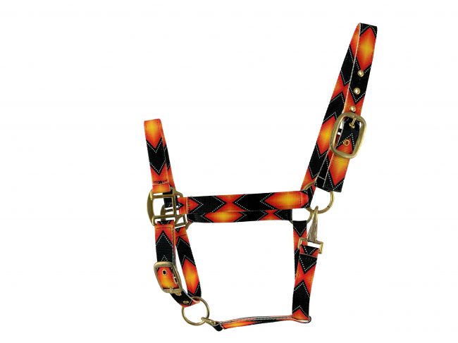 3ply Orange and Black Aztec design Nylon Horse Sized Halter. Average horse 800-1100 lbs 6652
