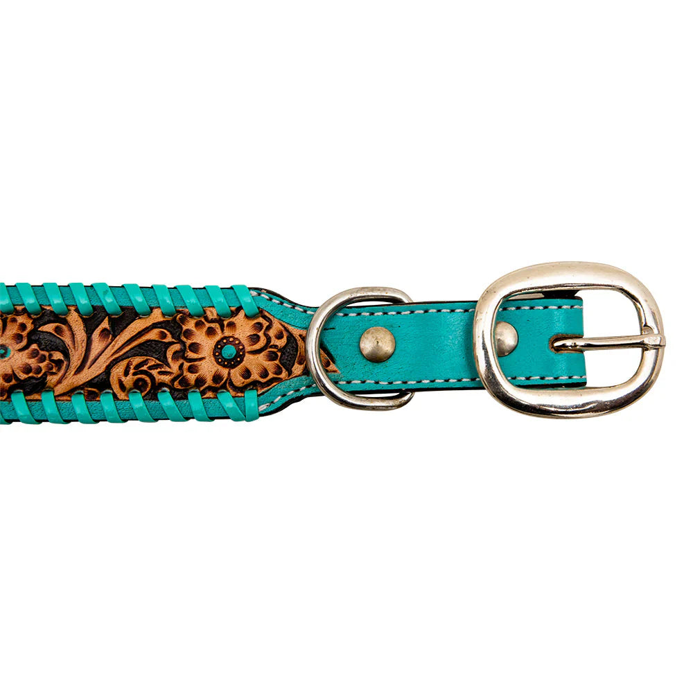 Acety Hand-Tooled Leather Dog Collar Aqua