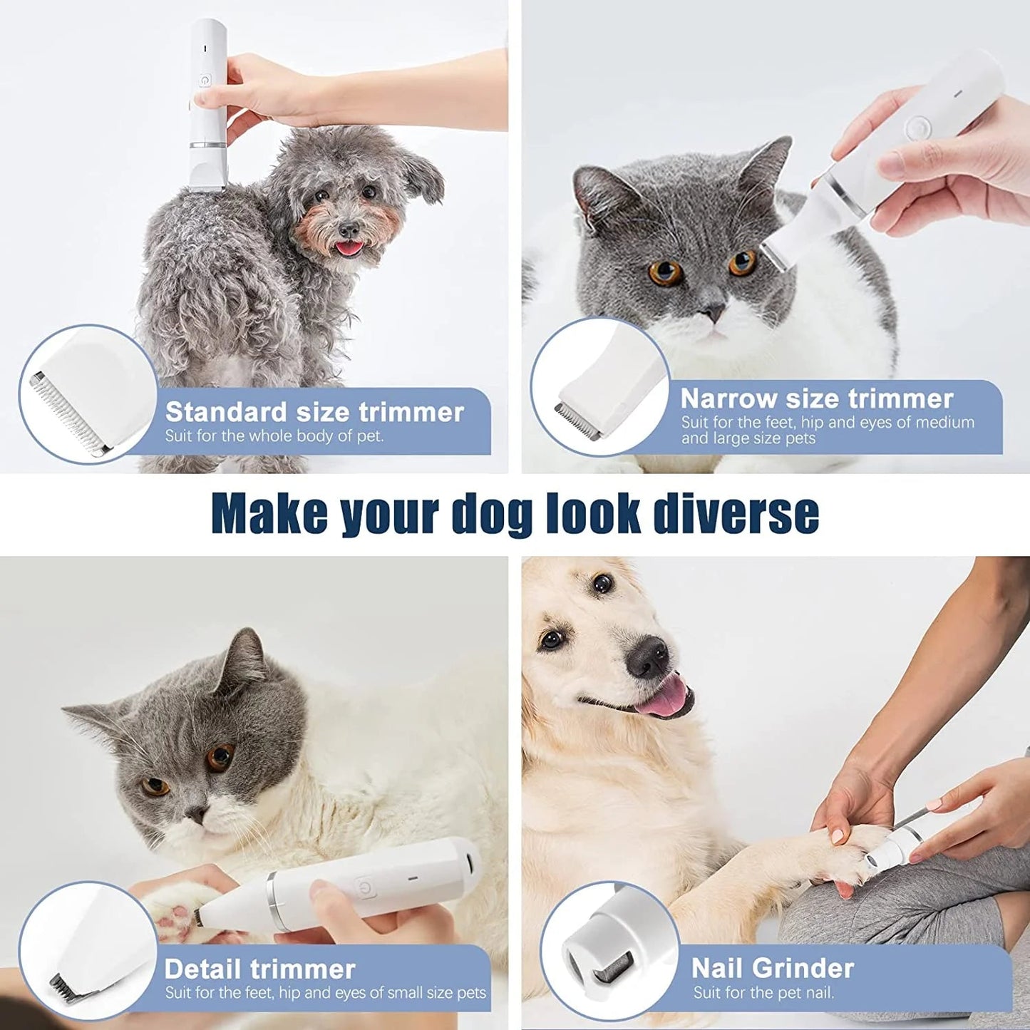 Groom Your Furry Friends Like a Pro! πΆβοΈ Rechargeable, Low Noise Dog Clippers with 4 Trimmer Heads for All Pets!