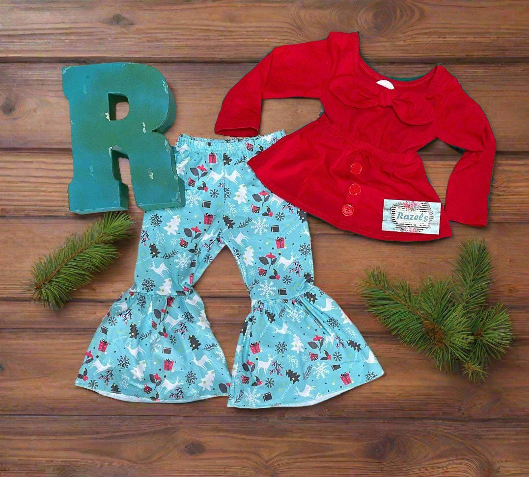 Christmas Boutique Bell Bottom Outfit / BOHO Reindeer Flare Pants, Christmas Red Bow Top