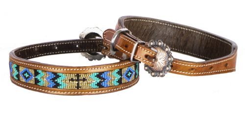 Showman Couture Genuine leather dog collar with beaded inlay - teal and gold with cross DC-08