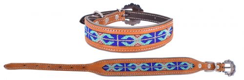 Showman Couture Genuine leather dog collar with a royal blue beaded inlay DC-26