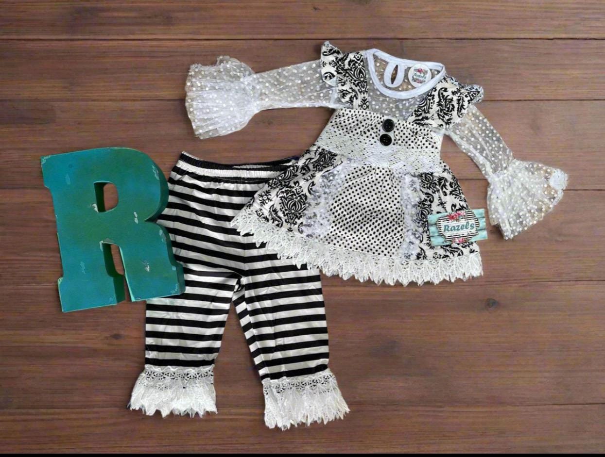 Black and White Lace Outfit, Girls Lace Top, Tunic Tank, and Striped Pants, Funeral Outfit for Little Girls, Special Occasion Outfit