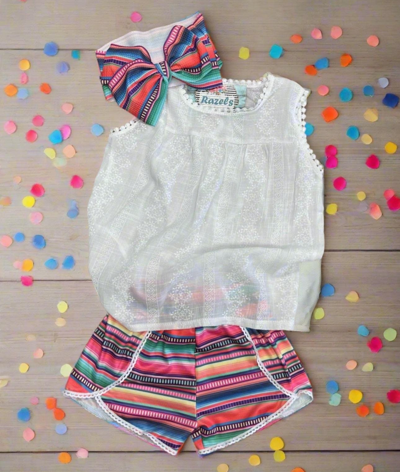 Girls Serape Summer Shorts โ Pink Stripe Western Boutique Style โ Lightweight & Lace Hem
