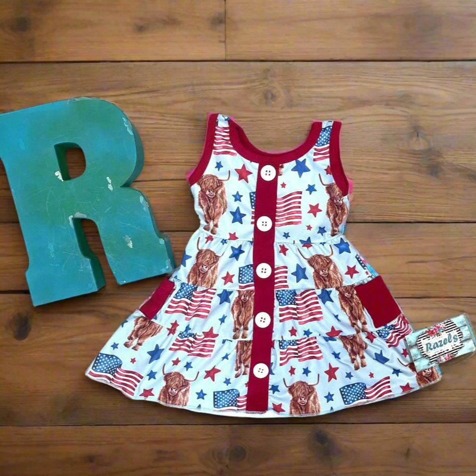 Highland Cow 4th of July Outfits for Kids โ Dress, Button Down Shirt & Romper | Western Matching Sibling Set | Patriotic Cowboy ClothesOf July Kids