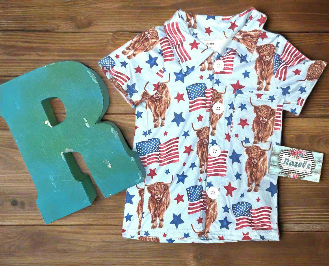 Highland Cow 4th of July Outfits for Kids โ Dress, Button Down Shirt & Romper | Western Matching Sibling Set | Patriotic Cowboy ClothesOf July Kids