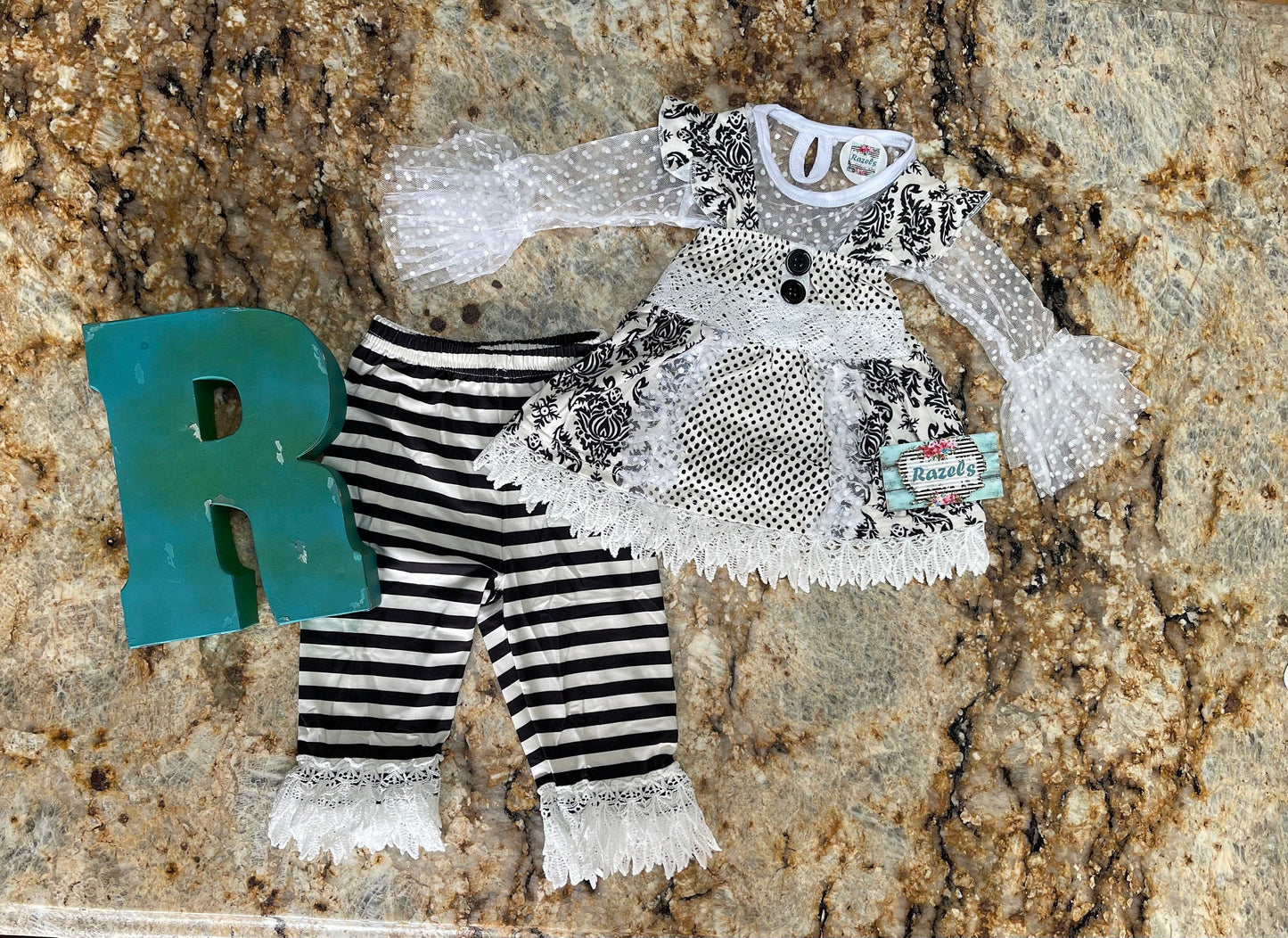 Black and White Lace Outfit, Girls Lace Top, Tunic Tank, and Striped Pants, Funeral Outfit for Little Girls, Special Occasion Outfit