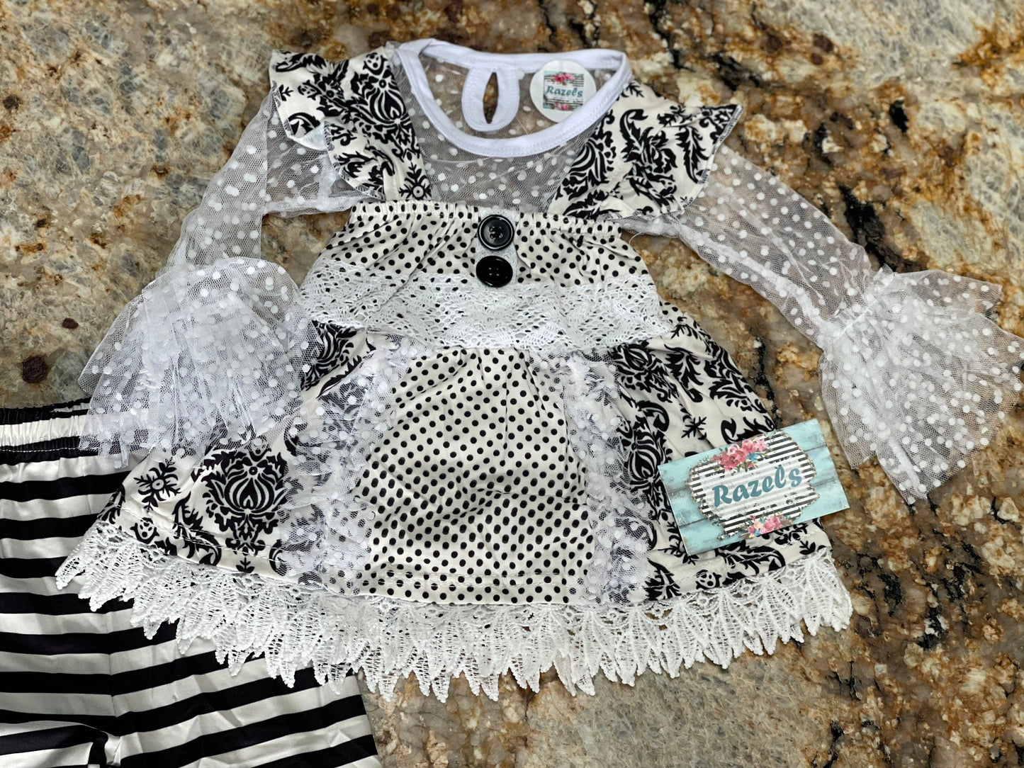 Black and White Lace Outfit, Girls Lace Top, Tunic Tank, and Striped Pants, Funeral Outfit for Little Girls, Special Occasion Outfit