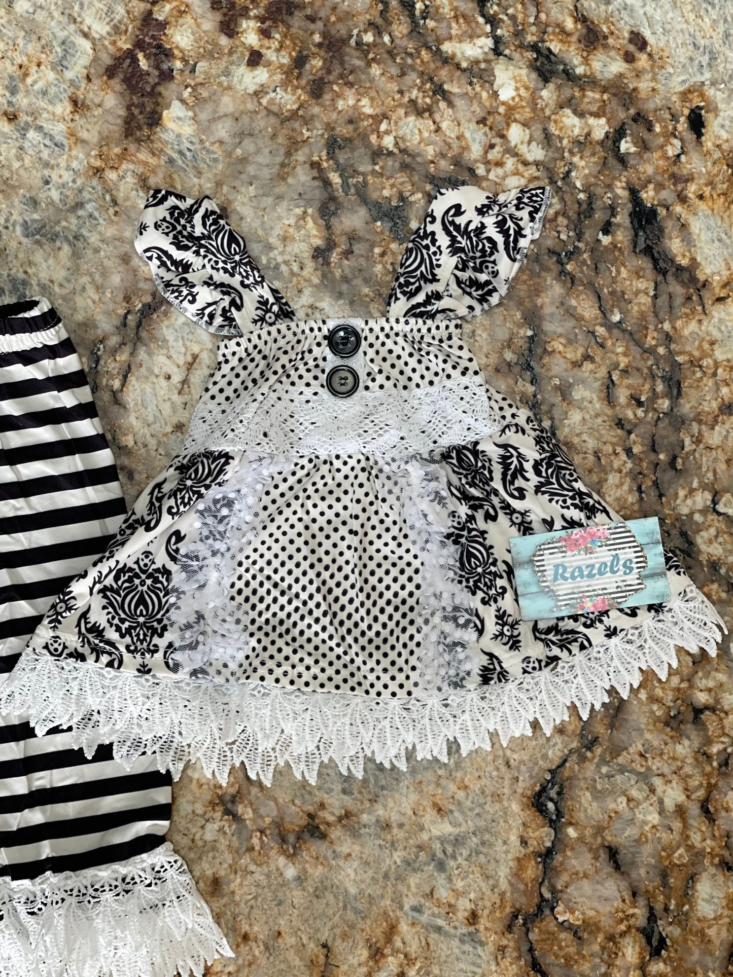 Black and White Lace Outfit, Girls Lace Top, Tunic Tank, and Striped Pants, Funeral Outfit for Little Girls, Special Occasion Outfit