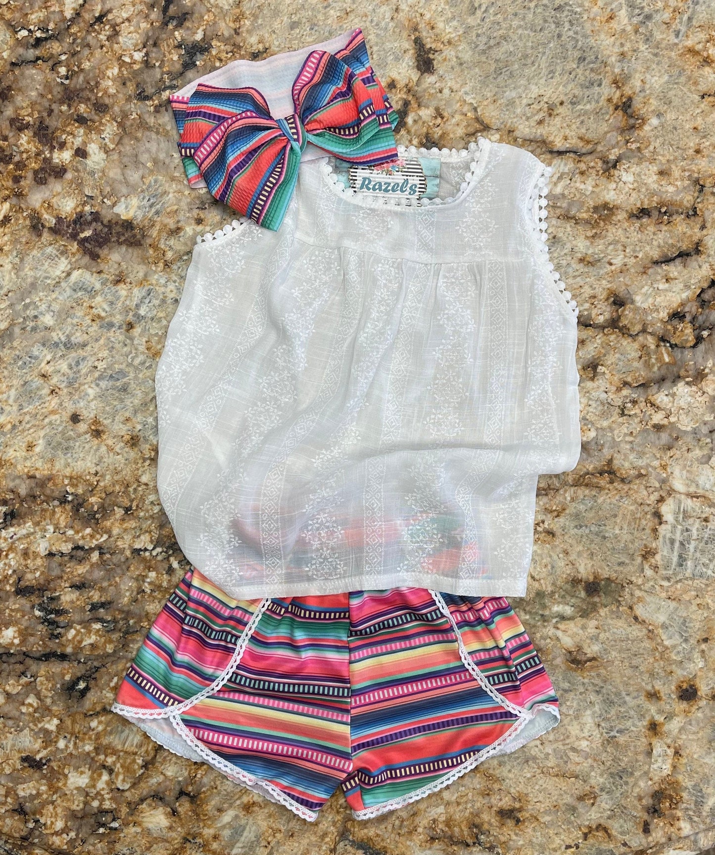 Girls Serape Summer Shorts โ Pink Stripe Western Boutique Style โ Lightweight & Lace Hem