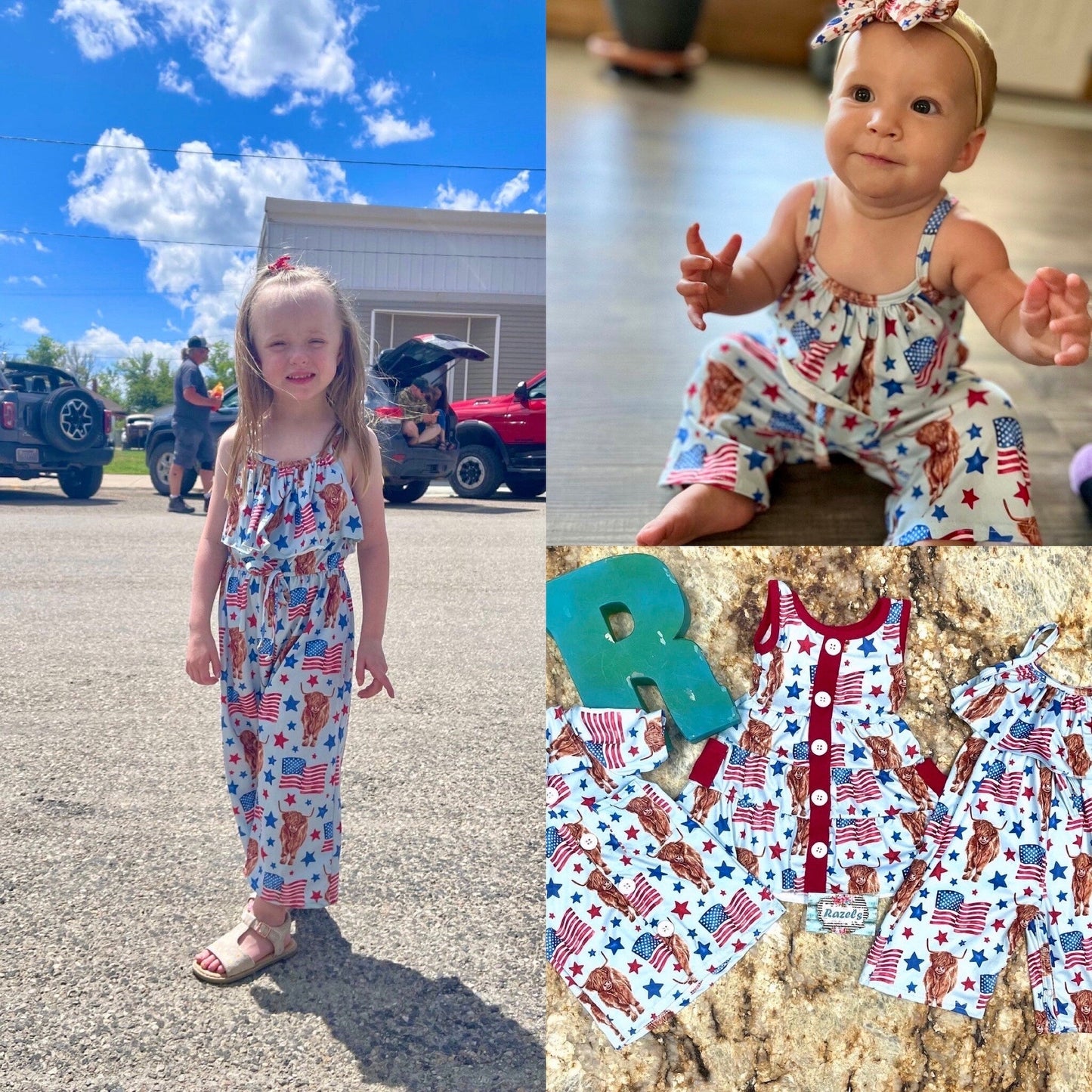 Highland Cow 4th of July Outfits for Kids โ Dress, Button Down Shirt & Romper | Western Matching Sibling Set | Patriotic Cowboy ClothesOf July Kids