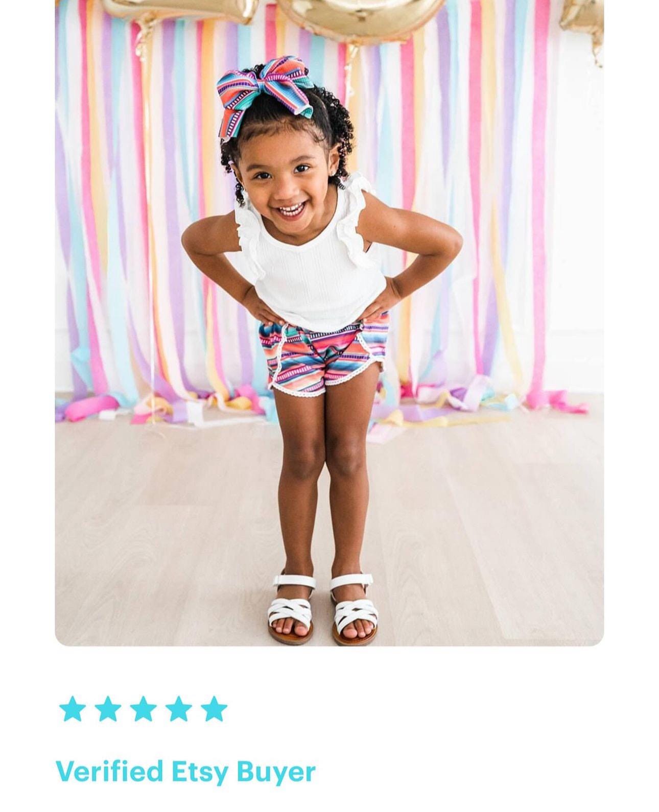 Girls Serape Summer Shorts โ Pink Stripe Western Boutique Style โ Lightweight & Lace Hem