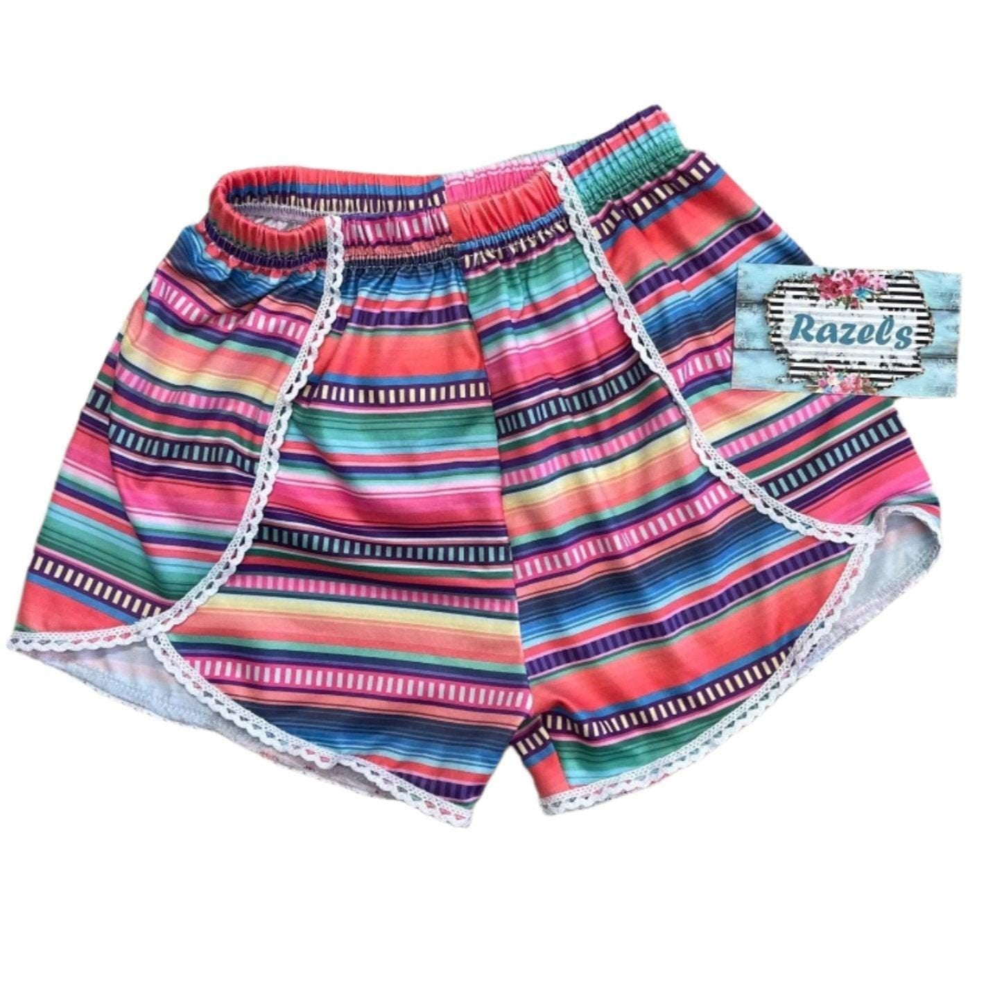 Girls Serape Summer Shorts โ Pink Stripe Western Boutique Style โ Lightweight & Lace Hem