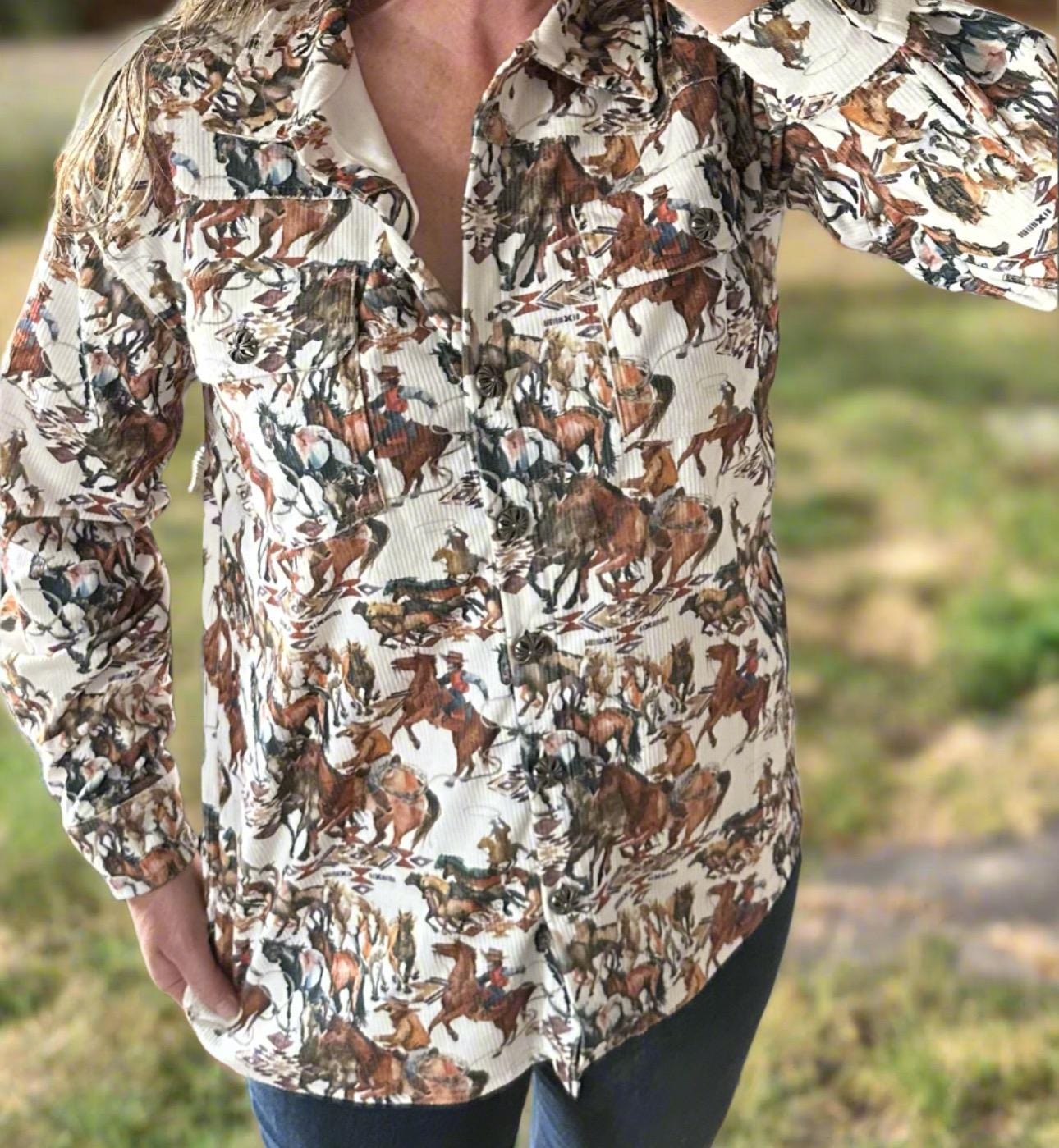 Womens Cowboy Shirt, Vintage Cowboy Shirt, Women's WESTERN CORDUROY, Cowgirl Button Up Shirt, Cowboy Print Shirt,