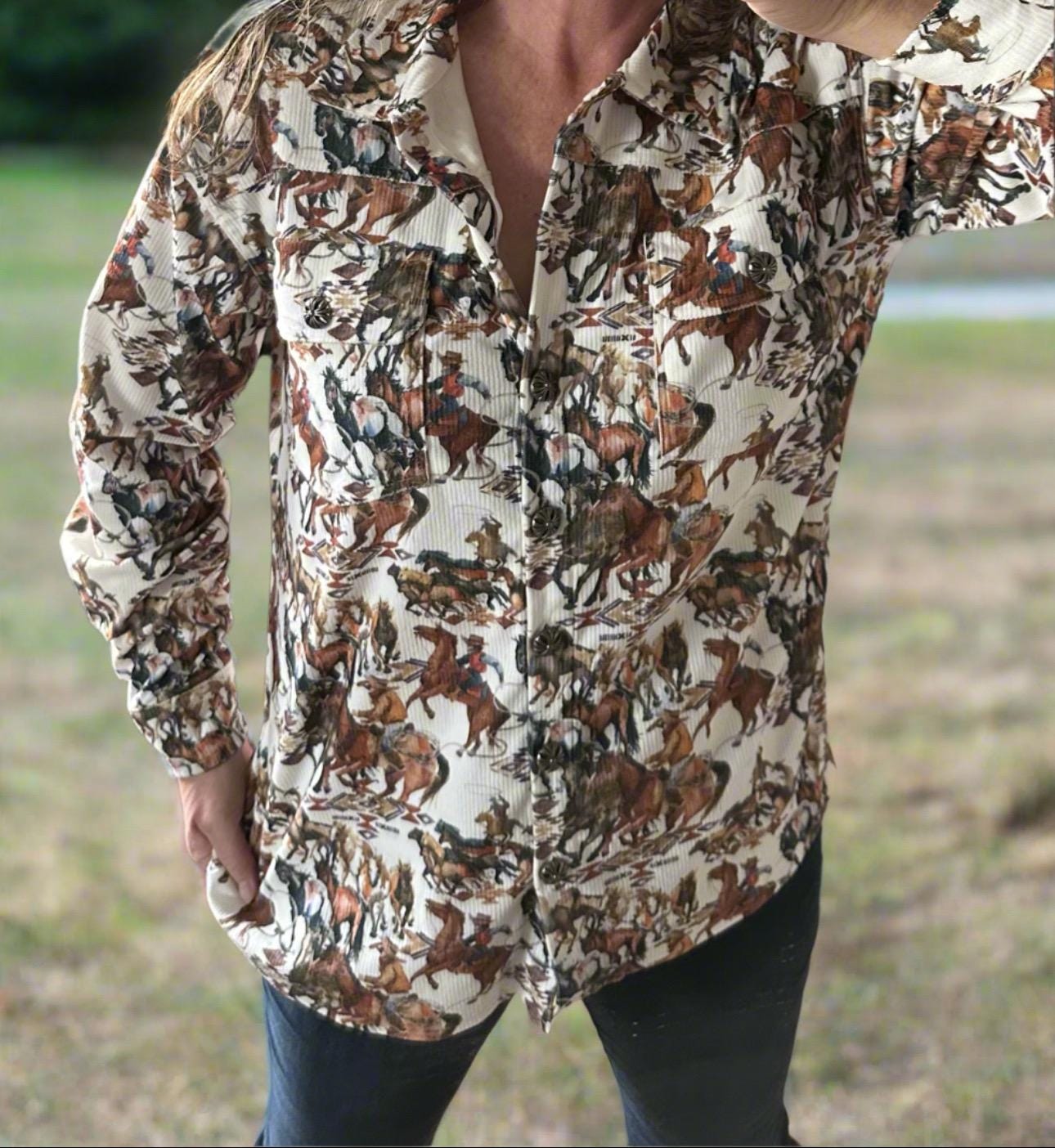 Womens Cowboy Shirt, Vintage Cowboy Shirt, Women's WESTERN CORDUROY, Cowgirl Button Up Shirt, Cowboy Print Shirt,