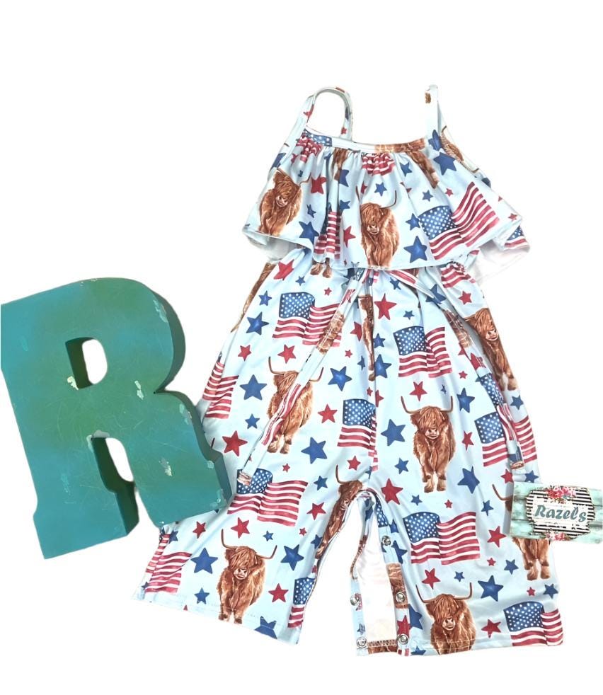 Highland Cow 4th of July Outfits for Kids โ Dress, Button Down Shirt & Romper | Western Matching Sibling Set | Patriotic Cowboy ClothesOf July Kids