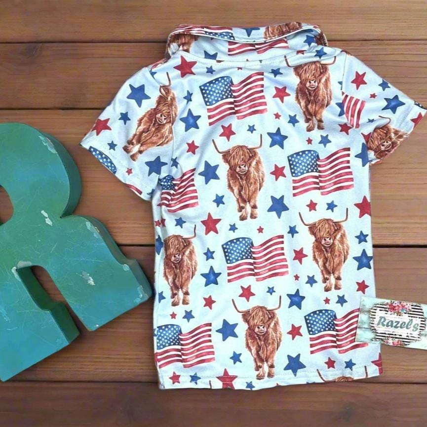 Highland Cow 4th of July Outfits for Kids โ Dress, Button Down Shirt & Romper | Western Matching Sibling Set | Patriotic Cowboy ClothesOf July Kids