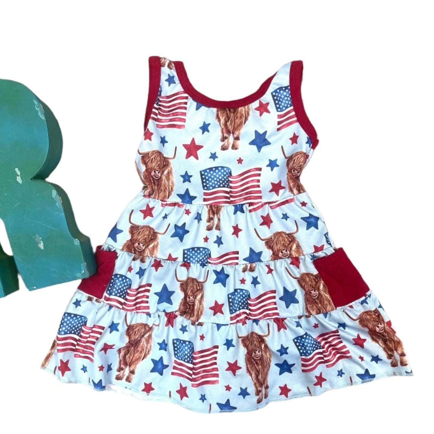 Highland Cow 4th of July Outfits for Kids โ Dress, Button Down Shirt & Romper | Western Matching Sibling Set | Patriotic Cowboy ClothesOf July Kids