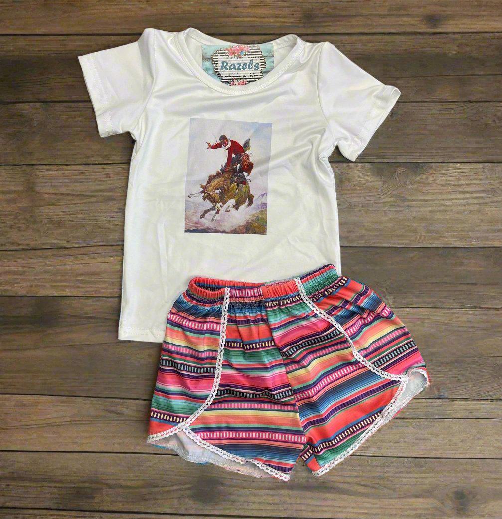 Girls Serape Summer Shorts โ Pink Stripe Western Boutique Style โ Lightweight & Lace Hem
