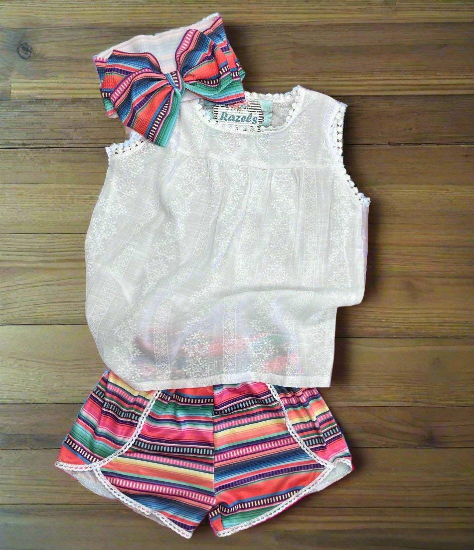 Girls Serape Summer Shorts โ Pink Stripe Western Boutique Style โ Lightweight & Lace Hem