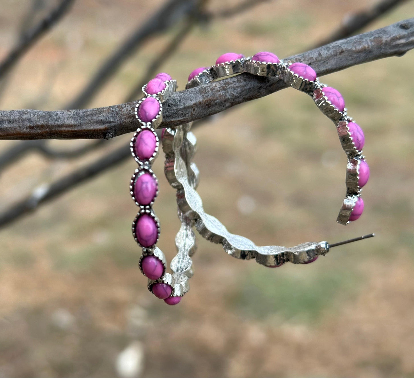 Pink Stone Hoop Earrings, Pink Gemstone Earrings, Large Western earrings, Burnished Silver Earrings, C Shaped Earrings