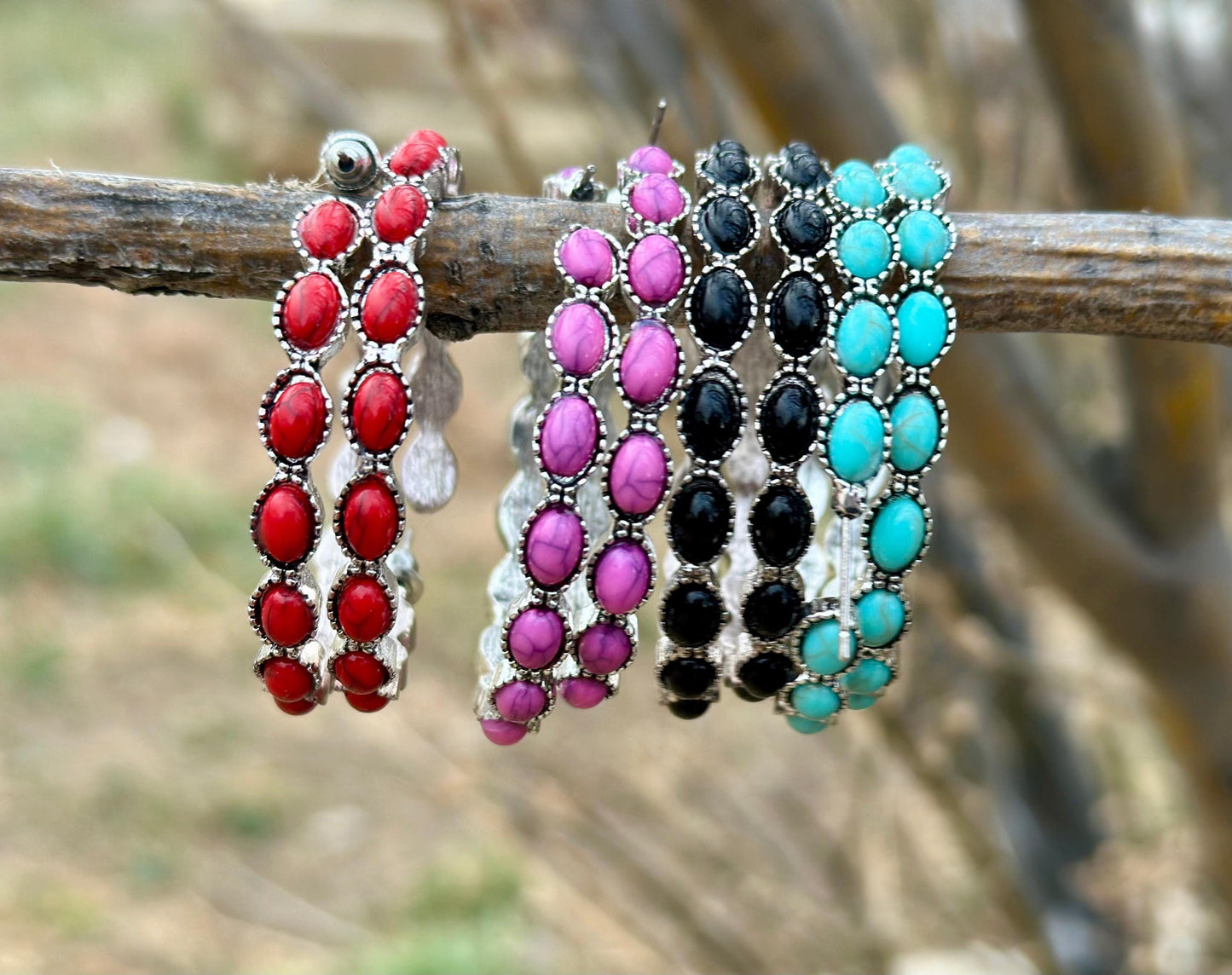 Pink Stone Hoop Earrings, Pink Gemstone Earrings, Large Western earrings, Burnished Silver Earrings, C Shaped Earrings