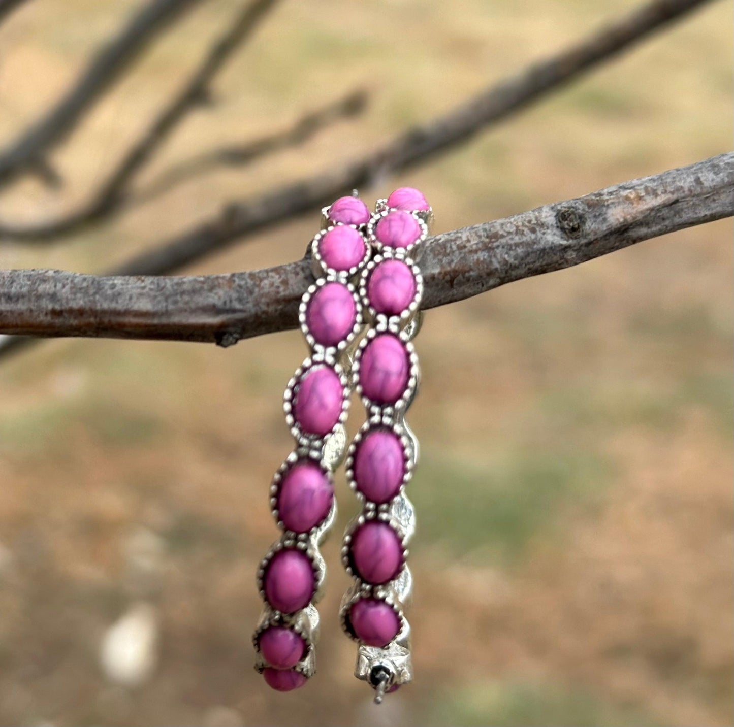 Pink Stone Hoop Earrings, Pink Gemstone Earrings, Large Western earrings, Burnished Silver Earrings, C Shaped Earrings