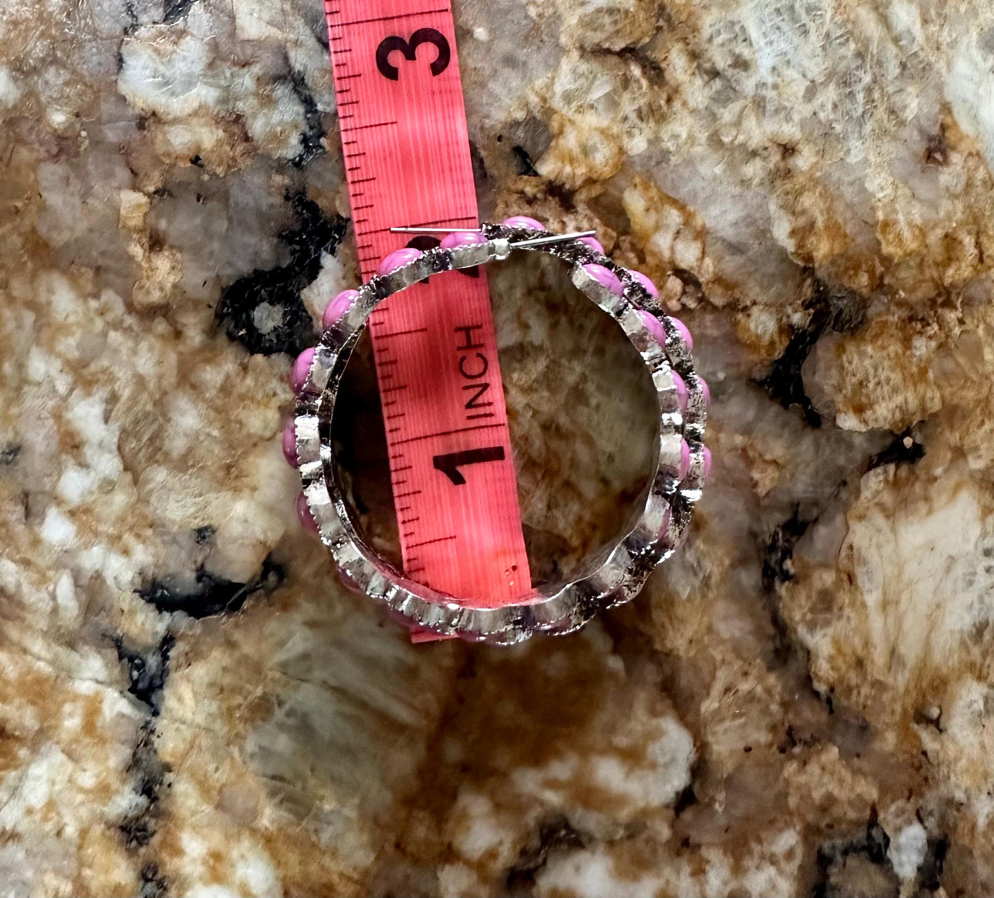 Pink Stone Hoop Earrings, Pink Gemstone Earrings, Large Western earrings, Burnished Silver Earrings, C Shaped Earrings
