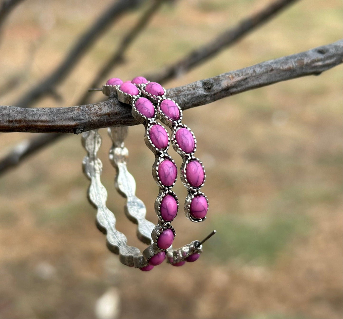 Pink Stone Hoop Earrings, Pink Gemstone Earrings, Large Western earrings, Burnished Silver Earrings, C Shaped Earrings