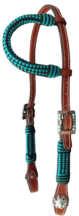Showman Medium Oil Ear Headstall with teal pro braid accents 14316