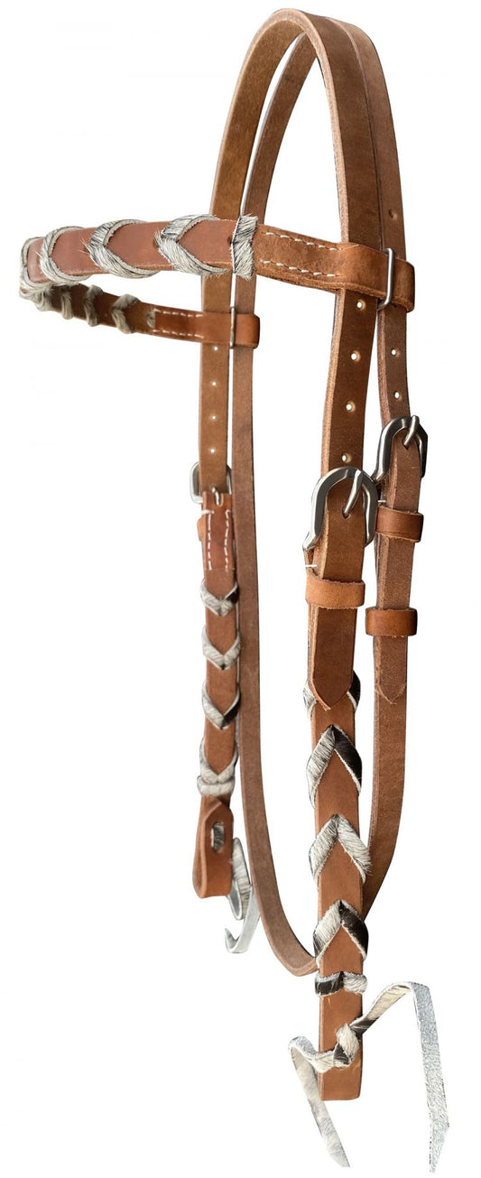 Showman Argentina cow harness Leather one ear headstall with hair on cowhide lacing 14550