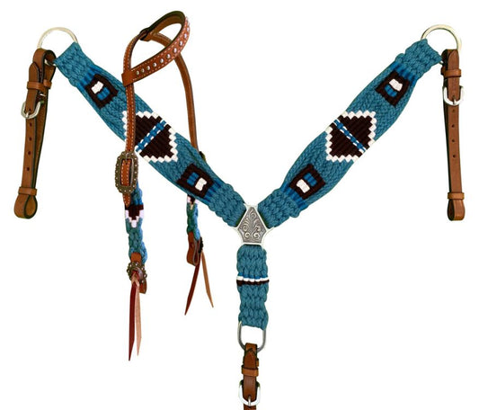 Showman Pony Size Corded One Ear Headstall & Breast collar set - turquoise, black, and white 14695