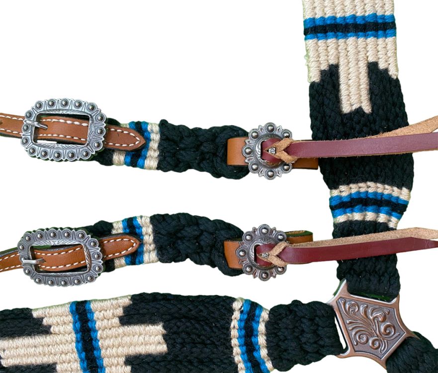 Showman Pony Size Corded One Ear Headstall & Breast collar set - Black, white, and blue 14696