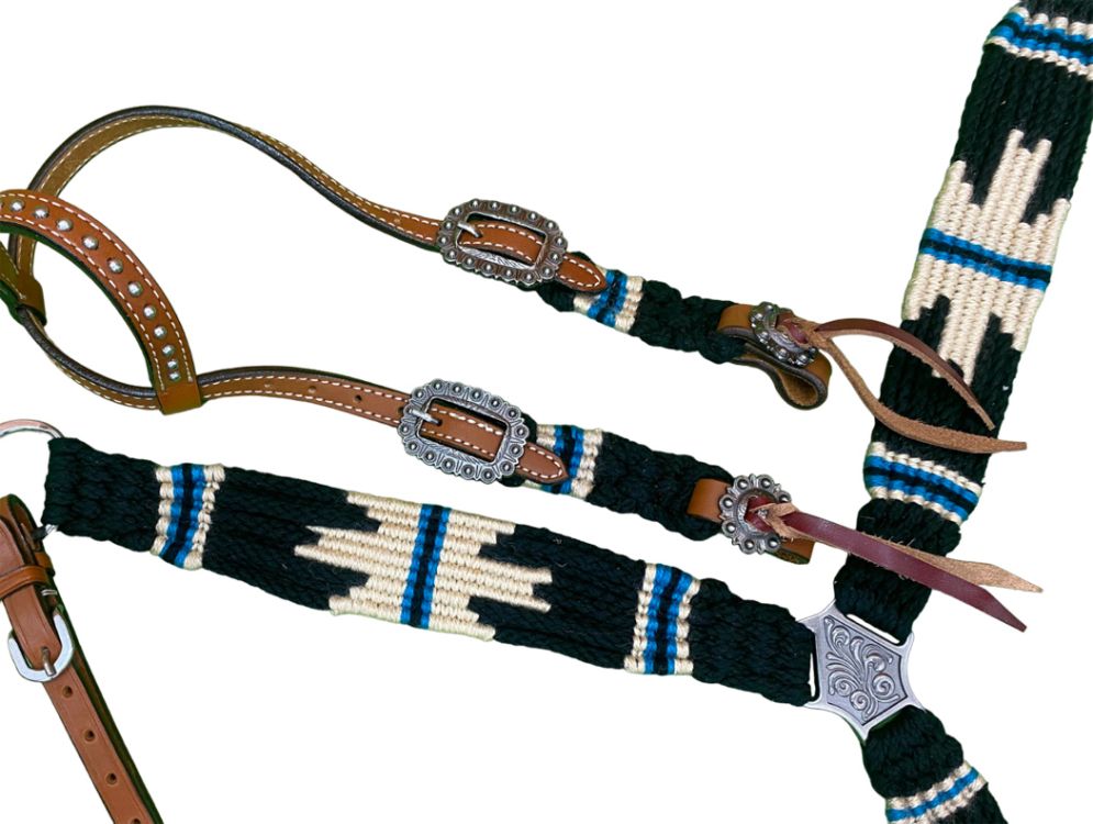 Showman Pony Size Corded One Ear Headstall & Breast collar set - Black, white, and blue 14696