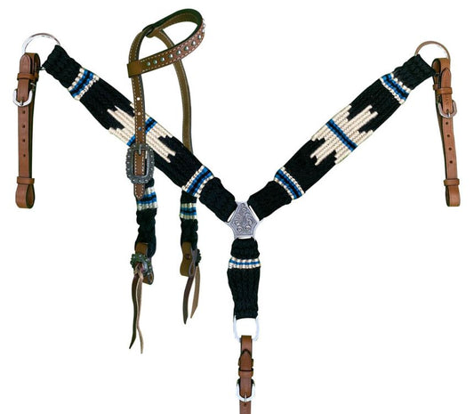 Showman Pony Size Corded One Ear Headstall & Breast collar set - Black, white, and blue 14696