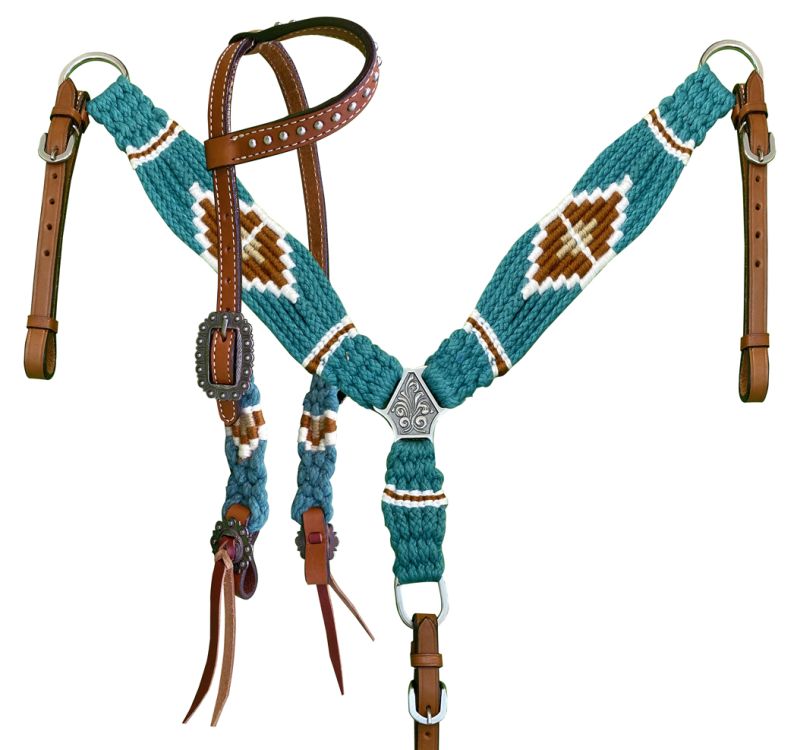 Showman Pony Size Corded One Ear Headstall & Breast collar set - Teal and Brown 14697