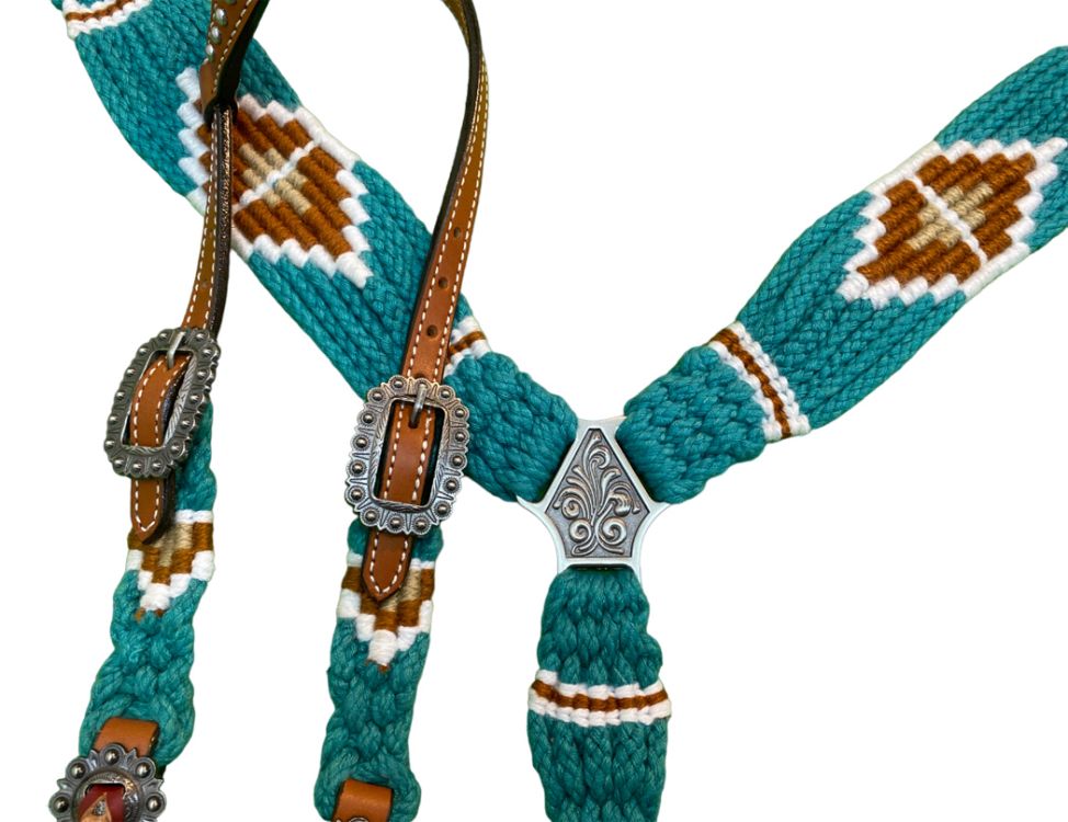 Showman Pony Size Corded One Ear Headstall & Breast collar set - Teal and Brown 14697