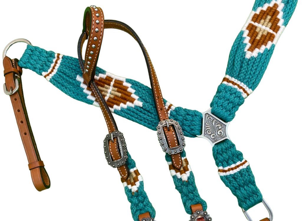 Showman Pony Size Corded One Ear Headstall & Breast collar set - Teal and Brown 14697