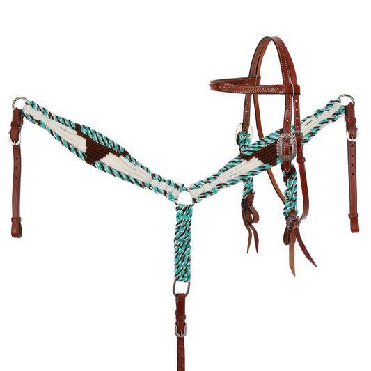 Showman Cobalt Horns Mohair Browband Headstall and Breastcollar Set 15100