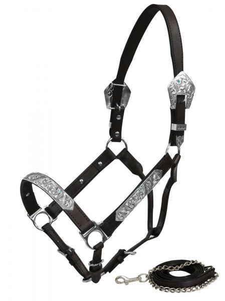 Showman Horse Size double stitched leather show halter with engraved silver plates accented with aqua rhinestones 161132