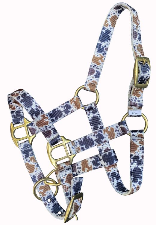 Showman Premium nylon Cowhide Print halter with brass hardware. FOAL/MINI SIZE 16809