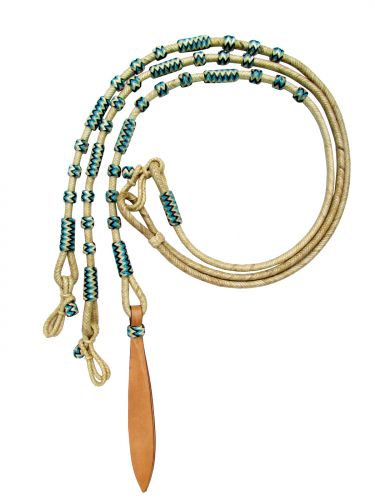 Showman Braided Natural Rawhide Romal Reins with Leather Popper and Blue Rawhide Beads 19404